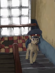 Size: 1568x2088 | Tagged: safe, artist:alexandrvirus, oc, oc only, earth pony, pony, clothes, hat, indoors, peaked cap, police, police officer, police pony, police uniform, solo, stairs