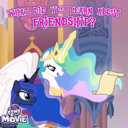 Size: 1080x1080 | Tagged: safe, gameloft, princess celestia, princess luna, alicorn, pony, g4, canterlot castle interior, duo, duo female, female, indoors, scroll, siblings, sisters, throne room