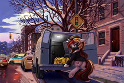 Size: 3500x2350 | Tagged: safe, artist:lightly-san, oc, oc only, oc:scarlet serenade, pony, unicorn, butt, car, clothes, commission, explosives, female, frog (hoof), high res, hoofbutt, horn, looking at you, mare, mask, outdoors, payday, payday 2, plot, snow, solo, underhoof, van, winter