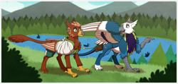 Size: 3158x1500 | Tagged: safe, artist:inuhoshi-to-darkpen, oc, oc only, oc:ari, oc:pavlos, griffon, bags, bandage, beak, broken bone, broken wing, cast, cheek fluff, claws, clothes, colored wings, commission, duo, eared griffon, forest, friends, griffon oc, hiking, injured, lake, male, male oc, mountain, nature, non-pony oc, nonbinary, outdoors, passepartout, sling, tail, tree, water, wings