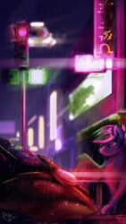 Size: 768x1361 | Tagged: safe, artist:tangomangoes, oc, oc only, pegasus, pony, city, cyberpunk, manehattan, night, science fiction, solo, vehicle