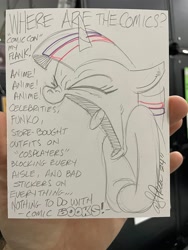 Size: 1536x2048 | Tagged: dead source, safe, artist:andy price, twilight sparkle, pony, unicorn, g4, angry, bust, comic con, d:<, eyes closed, female, hand, horn, mare, mouth wide open, nerd rage, open mouth, solo, traditional art, yelling