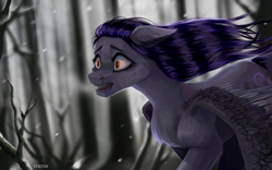 Size: 2560x1600 | Tagged: safe, artist:utauyan, oc, oc only, pegasus, pony, commission, escape, female, forest, mare, nature, outdoors, running, snow, snowfall, solo, tree, ych result