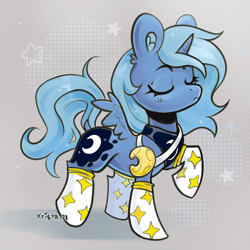 Size: 2100x2100 | Tagged: safe, artist:krista-21, princess luna, alicorn, g4, abstract background, accessory, clothes, cute, dots, eyes closed, female, filly, filly luna, foal, jewelry, lunabetes, raised hoof, s1 luna, socks, solo, spread wings, stars, wings, woona, younger