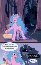 Size: 1625x2553 | Tagged: safe, artist:aztrial, izzy moonbow, oc, oc:mimic izzy, pony, unicorn, g5, basket, blue mane, creepy, doppelganger, drool, drool on mouth, duo, female, forest, horn, hungry, long legs, mare, nature, outdoors, purple coat, purple eyes, tree, unitober 2024