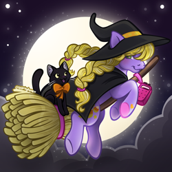 Size: 2400x2400 | Tagged: safe, artist:sparkytopia, abra-ca-dabra, cat, earth pony, pony, g3, black cat, braid, braided pigtails, broom, cape, clothes, costume, female, flying, flying broomstick, green eyes, halloween, halloween costume, halloween ponies, hat, holiday, hoof heart, looking at you, looking back, looking back at you, mare, moon, night, outdoors, pigtails, purple coat, signature, smiling, solo, underhoof, witch costume, yellow hair