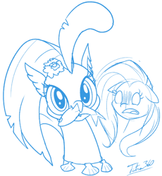 Size: 648x705 | Tagged: safe, artist:tsitra360, fluttershy, princess skystar, fish, hippogriff, pegasus, pony, g4, bust, carnivore, duo, female, herbivore vs carnivore, mare, monochrome, mouth hold, portrait, shocked, simple background, sketch, white background