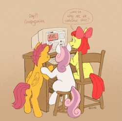 Size: 1263x1249 | Tagged: safe, artist:beyhr, apple bloom, scootaloo, sweetie belle, earth pony, pegasus, pony, unicorn, cupcakes hd, fanfic:cupcakes, g4, apple bloom's bow, bow, chair, computer, curly mane, curly tail, cutie mark crusaders, desk, dialogue, eyebrows, eyebrows visible through hair, eyelashes, female, folded wings, green eyes, hair accessory, hair bow, hoof on shoulder, horn, indoors, keyboard, looking at something, lyrics in the comments, mane accessory, open mouth, open smile, orange coat, orange eyes, pink bow, ponytober, ponytober 2024, purple mane, purple tail, rearing, red mane, red tail, signature, sitting, sketch, smiling, speech bubble, stool, tail, talking, this will end in tears, trio, trio female, two toned mane, two toned tail, white coat, wings, yellow coat, youtube