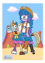 Size: 736x1024 | Tagged: safe, artist:garybaldor, izzy moonbow, señor butterscotch, human, equestria girls, g4, g5, blue hair, boots, cactus, clothes, cloud, cowboy, cowboy boots, cowboy hat, cowgirl, cute, denim, desert, equestria girls-ified, female, g5 to equestria girls, g5 to g4, generation leap, hat, izzybetes, jeans, male, outdoors, pants, passepartout, purple eyes, purple skin, shirt, shoes, signature, sky, solo, t-shirt, vest