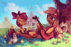 Size: 3448x2299 | Tagged: dead source, safe, artist:holivi, apple bloom, applejack, bird, chicken, earth pony, pony, g4, apple, apple bloom's bow, apple sisters, applejack's hat, barn, bow, chick, cloud, cottagecore, cowboy hat, duo, duo female, eating, eyes closed, female, filly, flower, foal, food, freckles, guitar, hair bow, happy, hat, high res, hoof hold, lying down, mare, music notes, musical instrument, on back, outdoors, siblings, signature, singing, sisters, sitting, sweet apple acres, tree