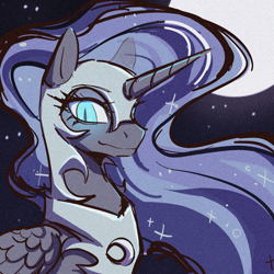 Size: 1080x1080 | Tagged: safe, artist:长羽毛毛, nightmare moon, alicorn, pony, g4, armor, bust, female, full moon, looking at you, mare, moon, outdoors, portrait, solo, starry night