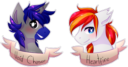 Size: 1571x822 | Tagged: safe, artist:amiicommissions, oc, oc only, oc:heartfire, oc:void chaser, pegasus, pony, unicorn, bust, duo, horn, male, portrait, simple background, stallion, transparent background