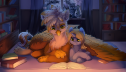 Size: 1024x585 | Tagged: safe, artist:peachmayflower, oc, oc only, oc:art's desire, oc:ember burd, griffon, pony, unicorn, book, commission, detailed background, duo, eared griffon, female, griffon oc, horn, hug, male, mare, night, paw pads, paws, reading, size difference, talons, wing blanket, winghug, wings