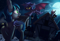 Size: 3000x2045 | Tagged: safe, artist:lightly-san, oc, oc only, oc:sable (fine print), oc:spark gap, bat pony, firefly (insect), insect, pony, fanfic:fine print, bat pony oc, bat wings, cloud, female, full moon, house, leaping, mare, moon, night, outdoors, ponyville, squint, streetlight, wings