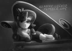 Size: 1280x904 | Tagged: safe, artist:grissaecrim, rarity, pony, unicorn, g4, rarity investigates, detective, detective rarity, draw me like one of your french girls, fainting couch, female, grayscale, horn, monochrome, noir, scene interpretation, solo