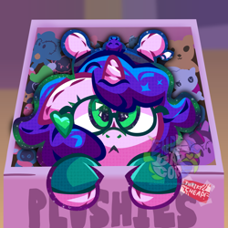 Size: 3840x3840 | Tagged: safe, artist:endercatcore, oc, oc only, oc:artshine aura, original species, plush pony, pony, unicorn, :<, box, glasses, horn, looking up, nonbinary oc, plushie, solo, unicorn oc, watermark