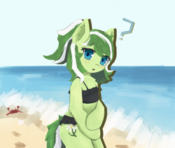 Size: 1896x1600 | Tagged: safe, artist:cunben_mapleleaf, oc, oc only, oc:amagi, earth pony, pony, semi-anthro, beach, bipedal, chest fluff, clothes, female, looking at you, mare, ocean, outdoors, question mark, solo, swimsuit, water