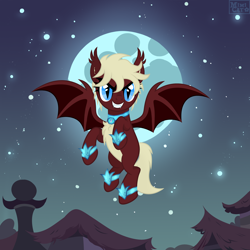 Size: 3000x3000 | Tagged: safe, artist:ghostpikachu, oc, oc only, oc:trinity, bat pony, pony, undead, vampire, vampire bat pony, vampony, mlp fim's fourteenth anniversary, base artist:mimicat, base used, bat wings, chest fluff, fangs, female, flying, jewelry, mare, moon, moonlight, necklace, night, nightmare night, outdoors, solo, spread wings, wings