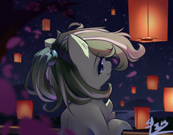 Size: 4090x3186 | Tagged: safe, artist:erenrat_yun, oc, oc only, oc:amagi, earth pony, looking at you, looking back, looking back at you, night, sky lantern, solo