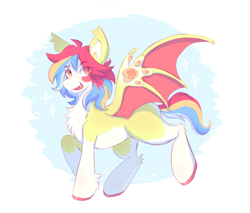 Size: 3129x2666 | Tagged: safe, alternate version, artist:kaijulii, oc, oc only, oc:pequeña piñata, bat pony, :d, bat pony oc, colored wings, messy hair, messy mane, multicolored hair, multicolored mane, multicolored tail, multicolored wings, open mouth, open smile, orange eyes, paw wings, paws, simple shading, smiling, solo, tail, wings, yellow eyes, yellow fur