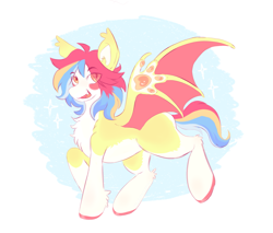 Size: 3129x2666 | Tagged: safe, alternate version, artist:kaijulii, oc, oc only, oc:pequeña piñata, bat pony, :d, bat pony oc, colored wings, messy hair, messy mane, multicolored hair, multicolored mane, multicolored tail, multicolored wings, open mouth, open smile, orange eyes, paw wings, paws, simple shading, smiling, solo, tail, wings, yellow eyes, yellow fur