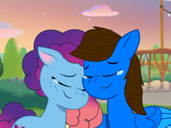 Size: 1024x768 | Tagged: safe, artist:bluemario11, misty brightdawn, oc, oc:blue thunder, pegasus, pony, unicorn, g5, my little pony: tell your tale, brother and sister, crying, duo, duo male and female, eyes closed, female, horn, male, outdoors, rebirth misty, siblings, tears of joy, teary eyes