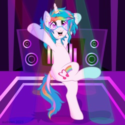 Size: 4500x4500 | Tagged: oc name needed, safe, artist:audreen, oc, oc only, pony, unicorn, 2023, :3, ambiguous gender, anime eyes, bipedal, dancing, ear piercing, earring, glasses, horn, horn ring, indoors, jewelry, leonine tail, lip piercing, magenta eyes, multicolored hair, necklace, open mouth, open smile, piercing, rainbow hair, rave, ring, smiling, solo, speaker, spotlight, standing, standing on one leg, tail, tail ring, underhoof, unicorn oc