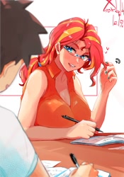 Size: 1400x2000 | Tagged: safe, artist:sozglitch, sunset shimmer, oc, oc:generic messy hair anime anon, human, g4, alternate hairstyle, big breasts, blush lines, blushing, breasts, busty sunset shimmer, canon x oc, cleavage, duo, duo male and female, female, floating heart, glasses, heart, huge breasts, humanized, indoors, light skin, male, nail polish, notebook, open mouth, open smile, pen, shipping, simple background, smiling, solo focus, straight, white background