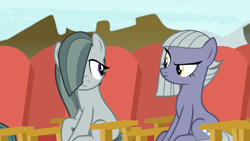 Size: 1920x1080 | Tagged: safe, screencap, cloudy quartz, limestone pie, marble pie, earth pony, pony, g4, rock solid friendship, season 7, discovery family logo, female, looking at each other, mare, offscreen character, tail