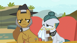 Size: 1920x1080 | Tagged: safe, screencap, cloudy quartz, igneous rock pie, earth pony, pony, g4, rock solid friendship, season 7, adoraquartz, cute, female, logo, male, ship:quartzrock, shipping, straight