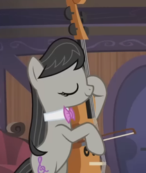 Size: 608x719 | Tagged: safe, screencap, octavia melody, earth pony, pony, g4, my little pony: friendship is magic, season 5, slice of life (episode), bipedal, cello, cropped, eyes closed, indoors, musical instrument, smiling, solo, vinyl and octavia's home