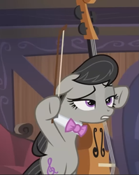 Size: 573x721 | Tagged: safe, screencap, octavia melody, earth pony, pony, g4, my little pony: friendship is magic, season 5, slice of life (episode), belly, bipedal, cello, cropped, disappointed, indoors, lidded eyes, musical instrument, solo, vinyl and octavia's home