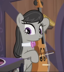 Size: 550x620 | Tagged: safe, screencap, octavia melody, earth pony, pony, g4, my little pony: friendship is magic, season 5, slice of life (episode), bipedal, cello, cropped, indoors, musical instrument, solo, surprised, vinyl and octavia's home