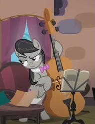 Size: 405x530 | Tagged: safe, screencap, octavia melody, earth pony, pony, g4, my little pony: friendship is magic, season 5, slice of life (episode), bipedal, cello, cropped, eyebrows, indoors, musical instrument, raised eyebrow, smiling, smug, solo, vinyl and octavia's home