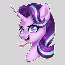 Size: 2494x2494 | Tagged: safe, artist:murny, starlight glimmer, pony, unicorn, g4, bust, fangs, gray background, horn, portrait, simple background, solo, tongue out