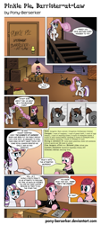 Size: 1180x2612 | Tagged: safe, artist:pony-berserker, pinkie pie, thunderlane, twilight velvet, oc, oc:incognito, g4, basement, box, comic, criminal, facial hair, female, horse news, lawyer, magic, male, mare, muffin, newspaper, pinkie pie: barrister-at-law, stallion