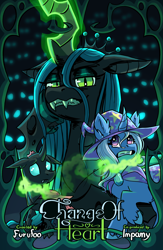 Size: 2008x3071 | Tagged: safe, artist:furufoo, artist:impamy, ocellus, queen chrysalis, trixie, changeling, pony, unicorn, comic:change of heart (furufoo), g4, cape, clothes, cloven hooves, comic, cover page, crowd, eyeshadow, fangs, female, fluffy, green eyes, hat, horn, magic, makeup, pre changedling ocellus, swarm, tarot, witch hat