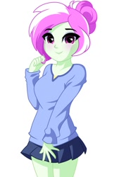 Size: 809x1200 | Tagged: safe, artist:rosemile mulberry, oc, oc only, oc:rosemile mulberry, human, equestria girls, g4, blushing, clothes, hair bun, simple background, skirt, solo, sweater, white background