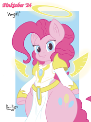 Size: 2731x3644 | Tagged: safe, artist:datzigga, pinkie pie, angel, earth pony, pony, semi-anthro, g4, armor, female, floating wings, mare, pinktober, pinktober 2024, solo, ultrakill, wide hips, wings