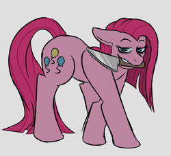 Size: 1100x1000 | Tagged: safe, artist:lemon_creamz, pinkie pie, earth pony, pony, g4, crossed legs, floppy ears, knife, looking at you, mouth hold, pinkamena diane pie, simple background