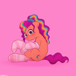 Size: 2480x2480 | Tagged: safe, artist:starburstuwu, sunny starscout, earth pony, pony, g5, blushing, clothes, cute, female, mane stripe sunny, mare, ponytail, socks, solo, striped socks, sunnybetes, underhoof