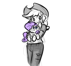 Size: 797x739 | Tagged: safe, artist:zutcha, applejack, rarity, human, pony, unicorn, equestria girls, g4, cute, duo, duo female, female, holding a pony, horn, partial color, raribetes, simple background, sketch, white background