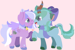 Size: 1569x1057 | Tagged: safe, artist:mimiqq, oc, oc only, oc:dewshine (kirin), oc:satin showers, kirin, pegasus, pony, bell, bell collar, bisexual, bow, collar, duo, female, floppy ears, folded wings, hair bow, happy, hoof heart, lesbian, lineless, looking at each other, looking at someone, mare, oc x oc, raised hoof, romantic, shipping, simple background, tail, tail bow, underhoof, wings