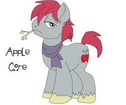 Size: 600x500 | Tagged: safe, artist:zee-stitch, oc, oc only, oc:apple core, earth pony, pony, clothes, lidded eyes, name, offspring, parent:big macintosh, parent:marble pie, parents:marblemac, scarf, simple background, solo, straw in mouth, unshorn fetlocks, white background