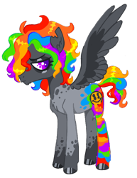 Size: 526x681 | Tagged: safe, artist:peaceandlove26, oc, oc only, oc:bad trip, pegasus, pony, 2021, cascading cutie mark, chin fluff, coat markings, colored ears, colored head, colored hooves, colored pupils, colored wings, ear fluff, eyelashes, eyestrain warning, fluffy mane, frown, gray eyeshadow, gray hooves, gray wings, hooves, large wings, leg markings, lidded eyes, looking back, multicolored hair, multicolored mane, old art, pegasus oc, profile, purple eyes, purple pupils, rainbow hair, rainbow tail, shaggy mane, shaggy tail, shiny mane, shiny tail, short tail, simple background, socks (coat markings), solo, spread wings, tail, transparent background, two toned wings, wings