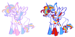 Size: 2916x1454 | Tagged: safe, artist:peaceandlove26, oc, oc only, oc:dreamie (webkinzworldz), alicorn, pony, 2021, alicorn oc, alternate color palette, alternate eye color, alternate mane color, alternate tail color, big ears, blaze (coat marking), chest fluff, coat markings, colored eartips, colored horn, colored pupils, colored sketch, colored wings, curly mane, duality, ear tufts, eye clipping through hair, eyelashes, facial markings, horn, leg fluff, leonine tail, long horn, looking up, multicolored wings, multiple tails, no catchlights, nonbinary, nonbinary oc, old art, open mouth, open smile, profile, sharp teeth, simple background, sketch, smiling, snip (coat marking), socks (coat markings), solo, spots, spread wings, standing, striped horn, tail, teeth, thin tail, three toned eyes, three toned mane, three toned tail, transgender, transgender oc, two toned tail, two toned wings, unicorn horn, white background, white coat, wings, yellow pupils