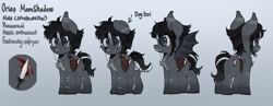 Size: 1920x747 | Tagged: safe, oc, oc only, oc:orias moonshadow, bat pony, dog, dog pony, original species, bat pony oc, commission, earbuds, fangs, gradient background, happy, reference sheet, satchel, solo, spread wings, wings