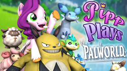 Size: 1920x1080 | Tagged: safe, artist:pika-robo, pipp petals, chillet, lamball, pegasus, pony, woolipop, series:pipp plays, g4, g5, 3d, cremis, fake thumbnail, female, g5 to g4, gamer pipp, gaming headset, generation leap, headset, let's play, mare, open mouth, open smile, palworld, smiling, source filmmaker, youtube thumbnail