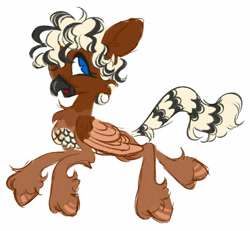 Size: 1280x1184 | Tagged: safe, artist:peaceandlove26, oc, oc only, oc:spice, hippogriff, 2021, beak, big hooves, black and white hair, black and white tail, blue eyes, brown feathers, brown fur, brown hooves, brown wings, brown wingtips, chest fluff, coat markings, colored hooves, colored wings, colored wingtips, curly hair, fluffy hair, folded wings, hippogriff oc, hooves, long legs, long tail, looking back, no catchlights, no pupils, non-pony oc, old art, open beak, open mouth, open smile, profile, shiny hooves, simple background, smiling, solo, tail, thin, two toned hair, two toned tail, two toned wings, unshorn fetlocks, white background, wings