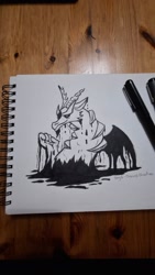 Size: 1152x2048 | Tagged: safe, artist:astaror, discord, fusion, ink drawing, inktober, inktober 2024, pen, pokémon, traditional art